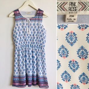 Pink Rose White Dress Chiffon Blue Paisley Pattern Elastic Waist Sleeveless PM